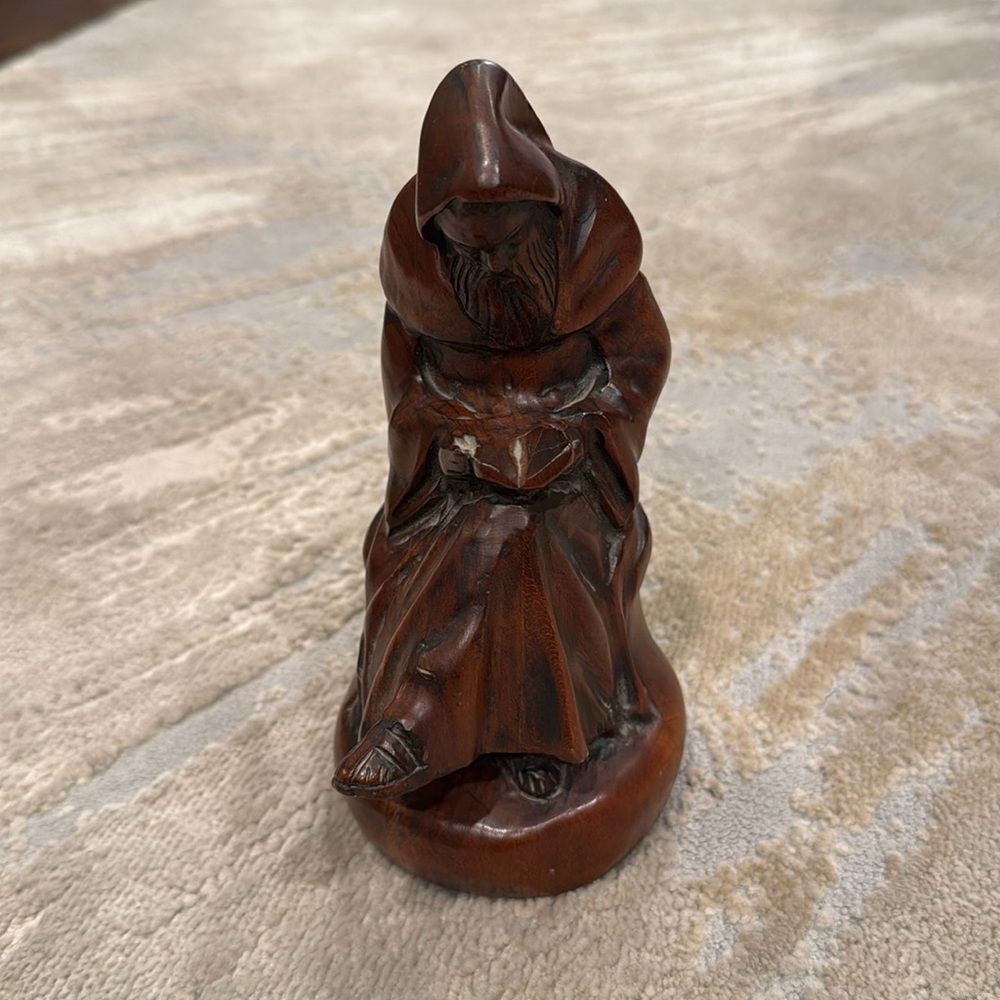 “THE READING MONK”ANTIQUE hand carved wood wolverine statue beautiful  7.5 inch